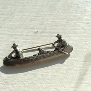 2 Men 1 Dog & Canoe Vintage Signed Brooch FABU!