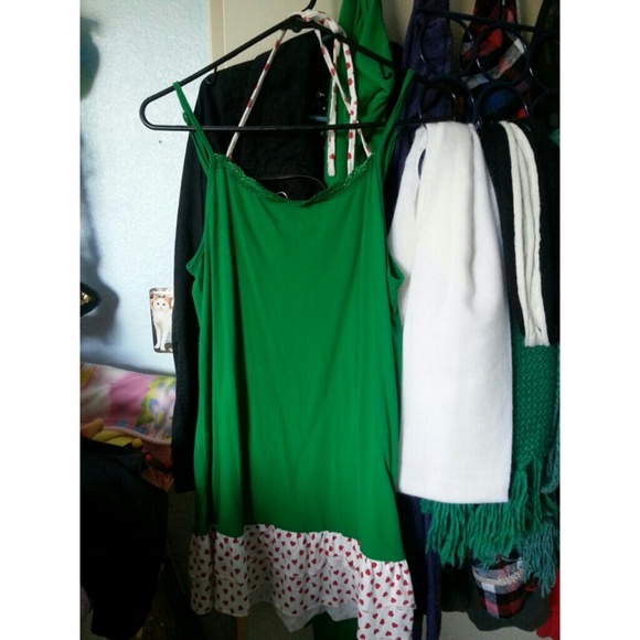 Green slip dress with white and red polka dot
