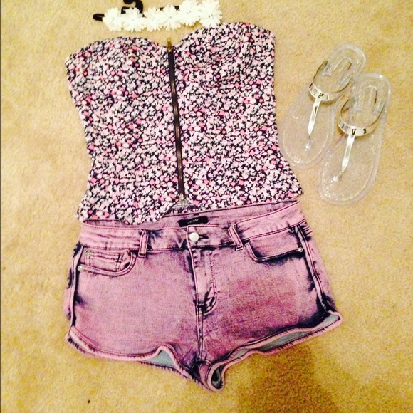 Purple stretch denim shorts