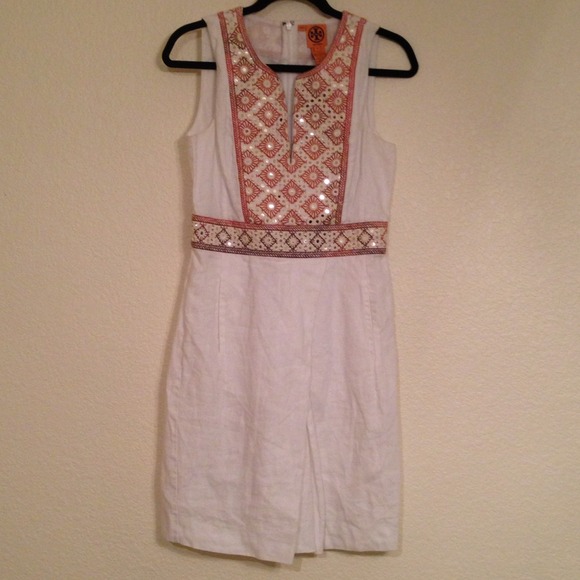 Tory Burch White Linen & Orange Embroidered Dress