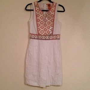 Tory Burch White Linen & Orange Embroidered Dress