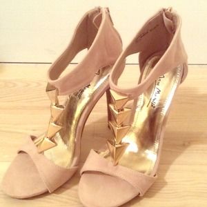 Anne Michelle Gold Accent T-Strap Suede Pump