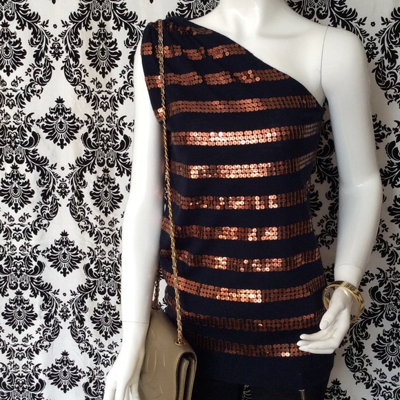 Moda striped sequin one shoulder tunic sweater