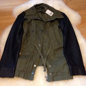 ON HOLD Olive green jacket w/black leather sleeves
