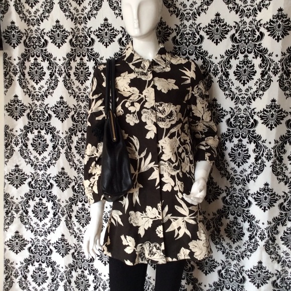 Joe Fresh black and cream floral trench coat XS