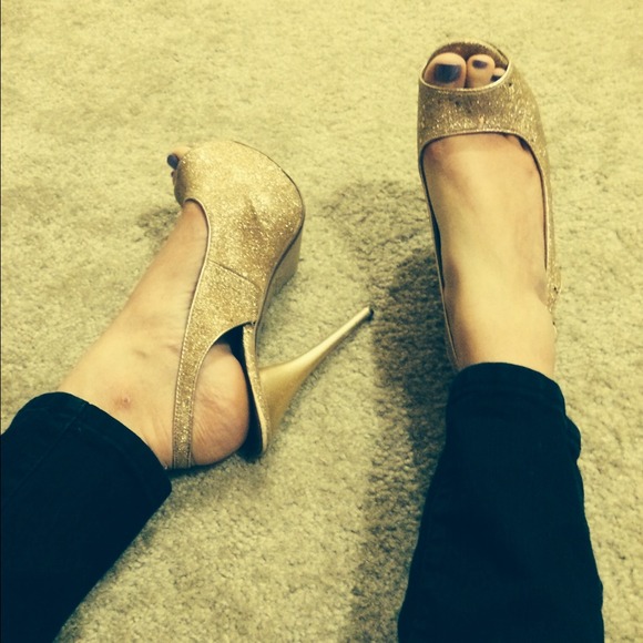 Gold peep toe heels