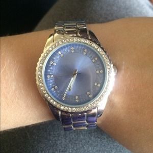 Silver and Blue Watch with Rhinestone Detail