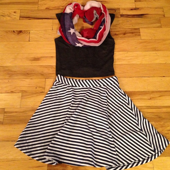 BUNDLED Navy Blue & White Striped Skater Skirt