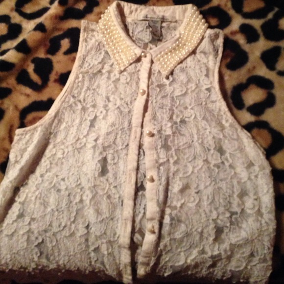 White pearl sequin, lace tank