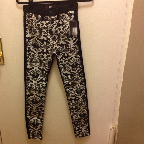 Black and white patterned denim jeans