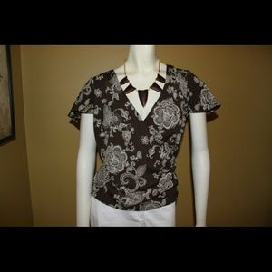 SOLD.  NINE WEST Brown & White Paisley Wrap Blouse