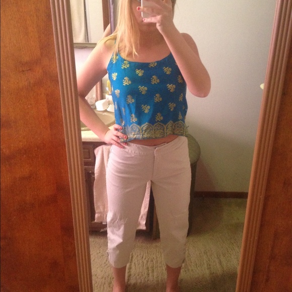 High waisted capris with lace up detail on bottoms