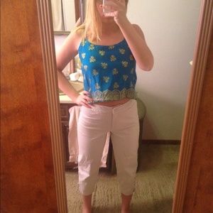 High waisted capris with lace up detail on bottoms