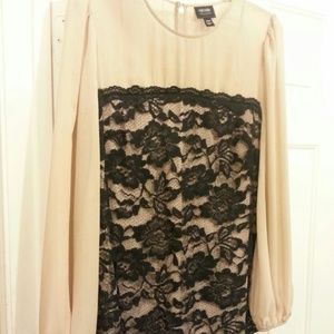 Nude and black lace blouse