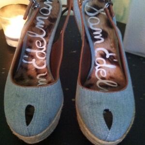 Sky high denim platform heels!