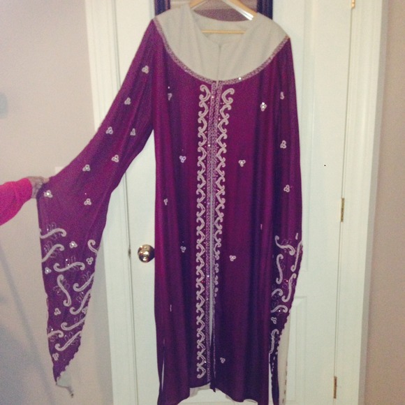 Burgundy gown.