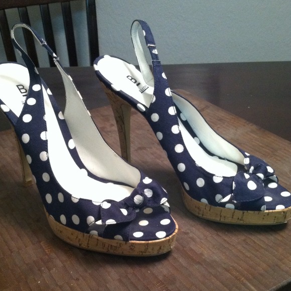 Navy pok-a-dot strap heels with peek toe