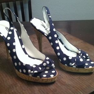 Navy pok-a-dot strap heels with peek toe