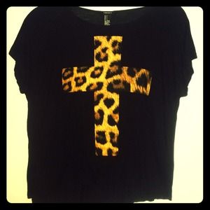 Size small black cotton top with cheetah cross