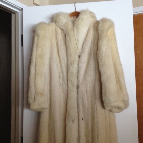 Full length white mink coat with fox trim