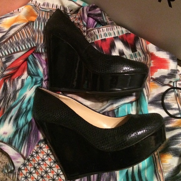 patent leather black wedges