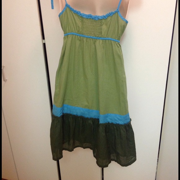Green/DkGreen/Blue Sundress with shoulder ties - Picture 2 of 3
