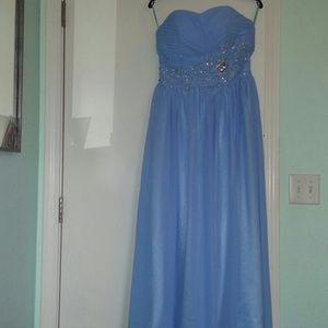 Floor length blue sequined sweetheart dress