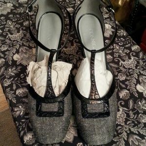 Black/White T-Strap Linen Tweed Shoe