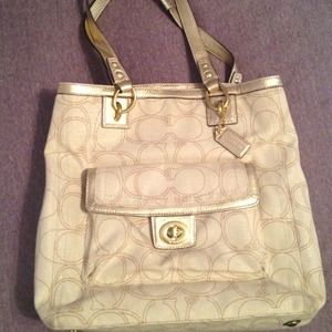Coach Gold and khaki linen signature handbag