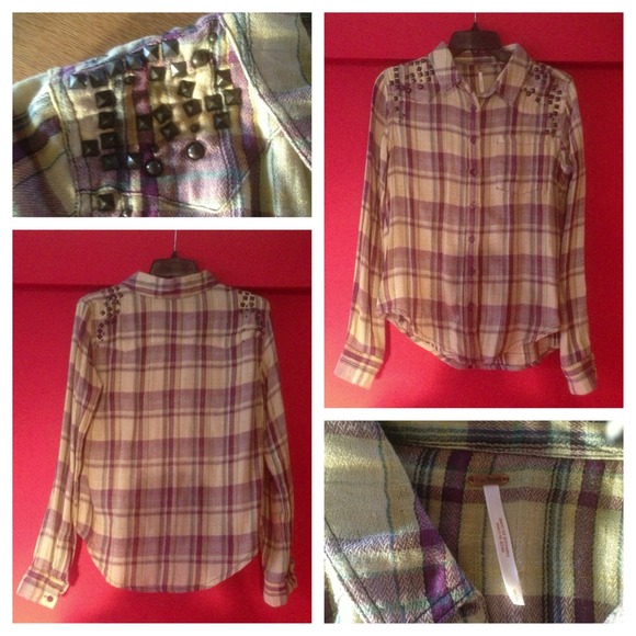 Free People Stylish Studded Yellow Plaid Shirt SzS