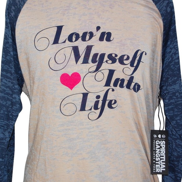 SPIRITUAL GANGSTER ‘Lov'n Myself Into Life’ Burnout Raglan Sleeve T-Shirt NWT - Picture 2 of 5