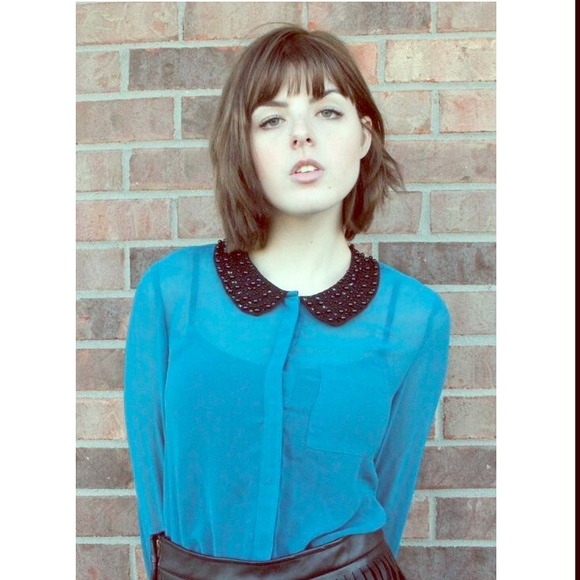 Kensie Peter Pan Collar Teal Blouse w Black Jewels - Picture 1 of 3