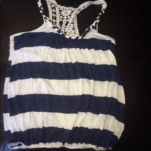 Blue and white stripped tank top with crochet back