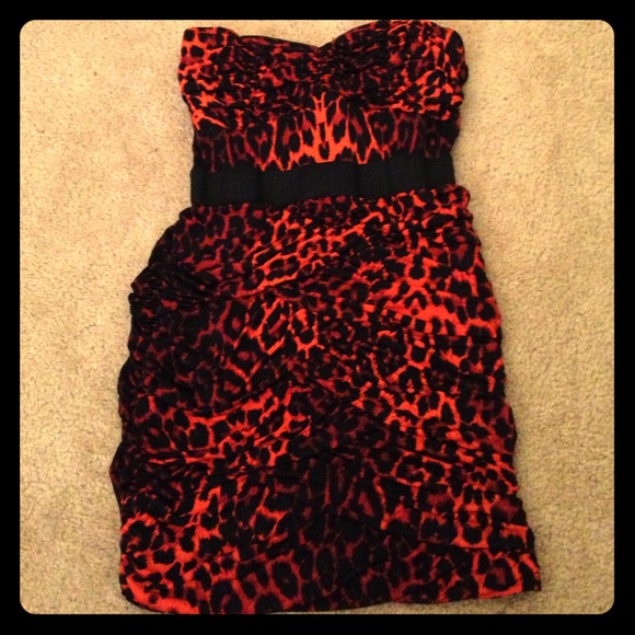 Strapless red leopard dress