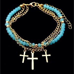 Jaded Blue Multi-Chain Crucifix Bracelet