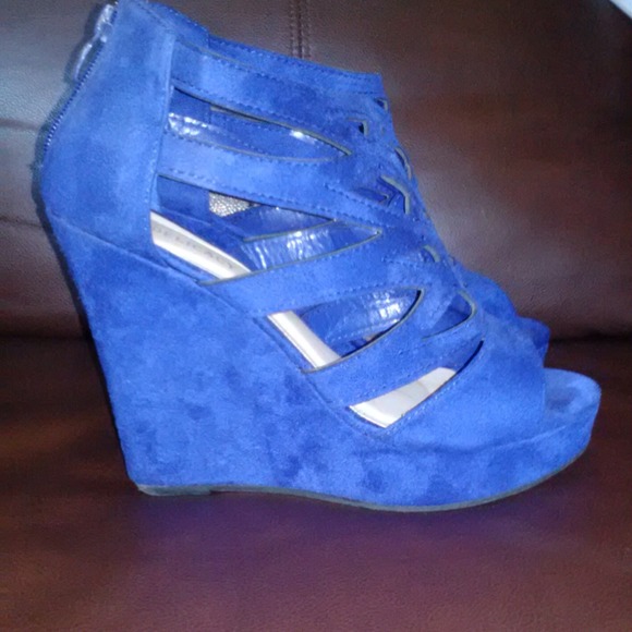 Blue suede wedges