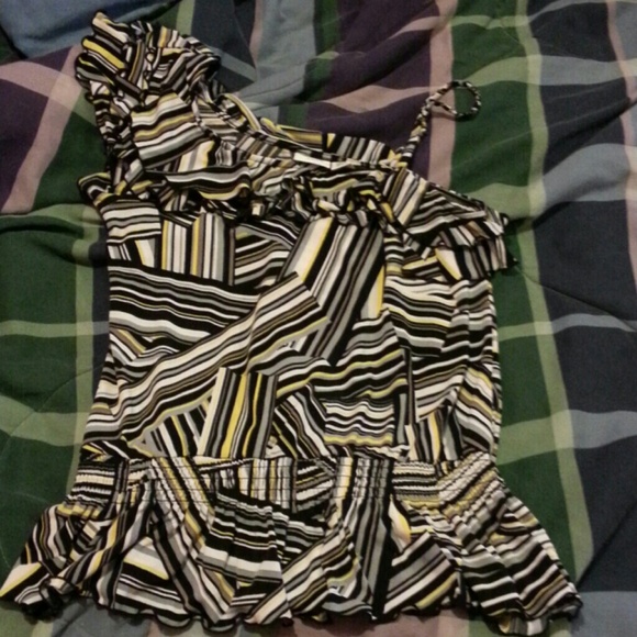 Dressy yellow, black,white and grey stripped shirt