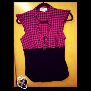 Pink & Black Two-Toned Checkered Short Sleeve Top