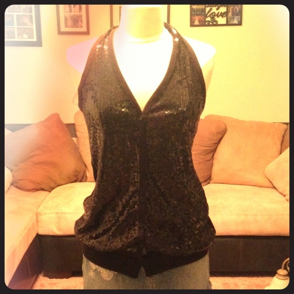 Black sequin button up racerback shirt