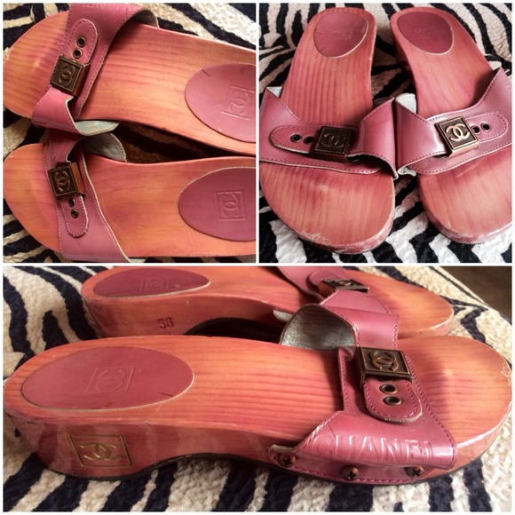 Sz 36 Authentic Chanel Wooden Clogs/Mules/Sandals