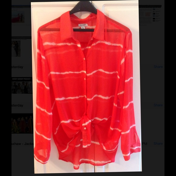 Long sleeved orange and white stripped sheer shirt