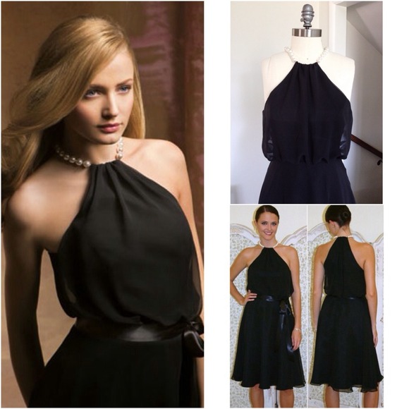 ❌SOLD❌BLACK CHIFFON HALTER PEARL NECK DRESS