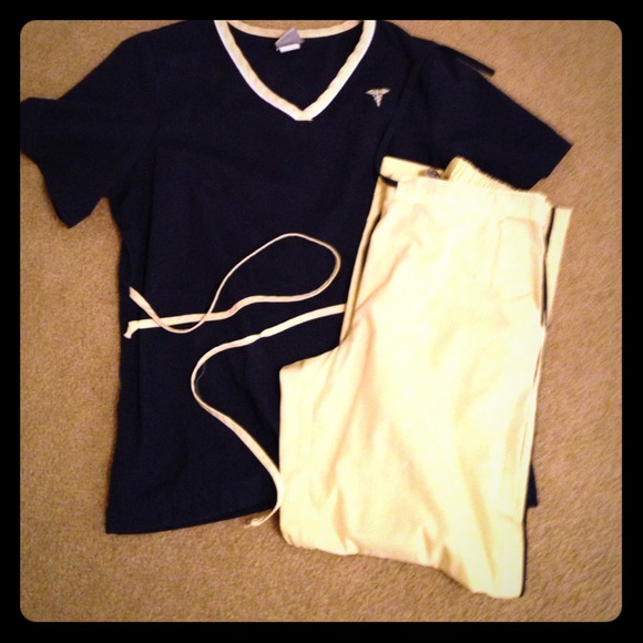 Navy blue and yellow scrub set