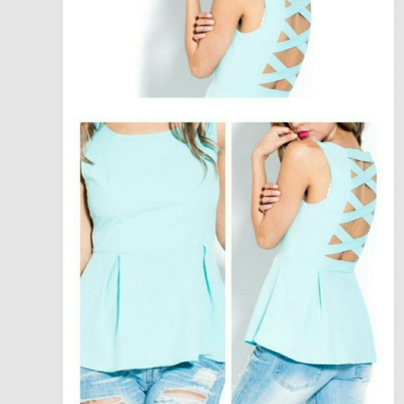 Tops - Baby Blue Crossback Peplum Tank