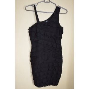 Black one shoulder body con ruffle dress BCX
