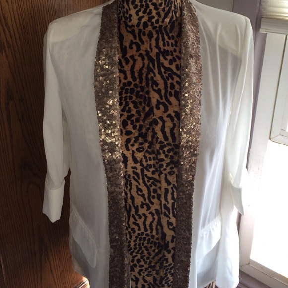 White chiffon blazer with gold sequin lapels NWOT