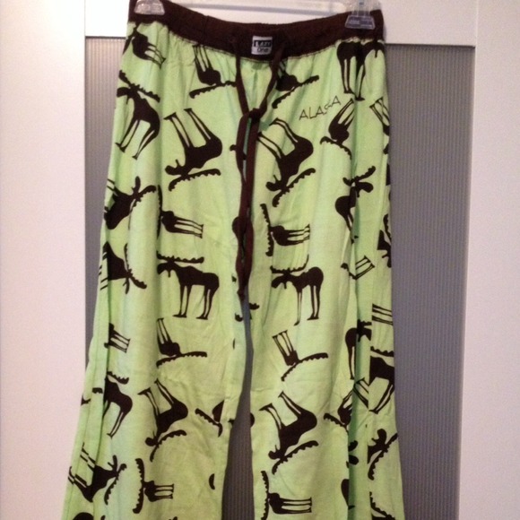Green pajama pants with brown moose