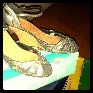 Metallic silver open toe wedge