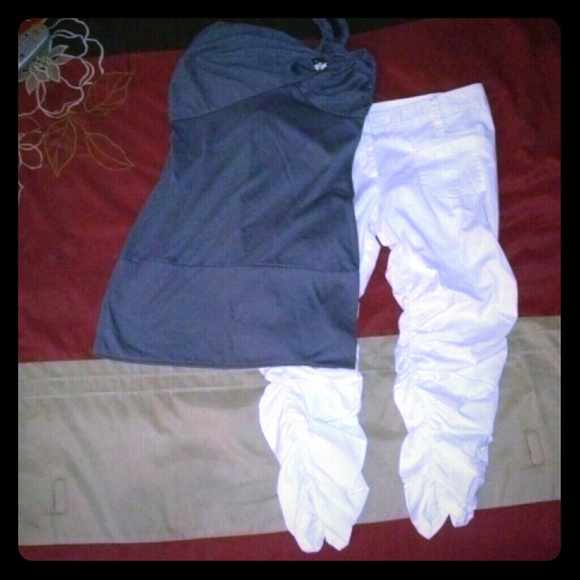 White crunch capris & Gray 1 shoulder top
