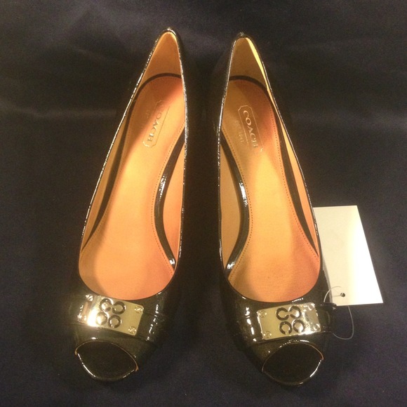Coach Black Patent Leather Peep Toe Wedge Shoes